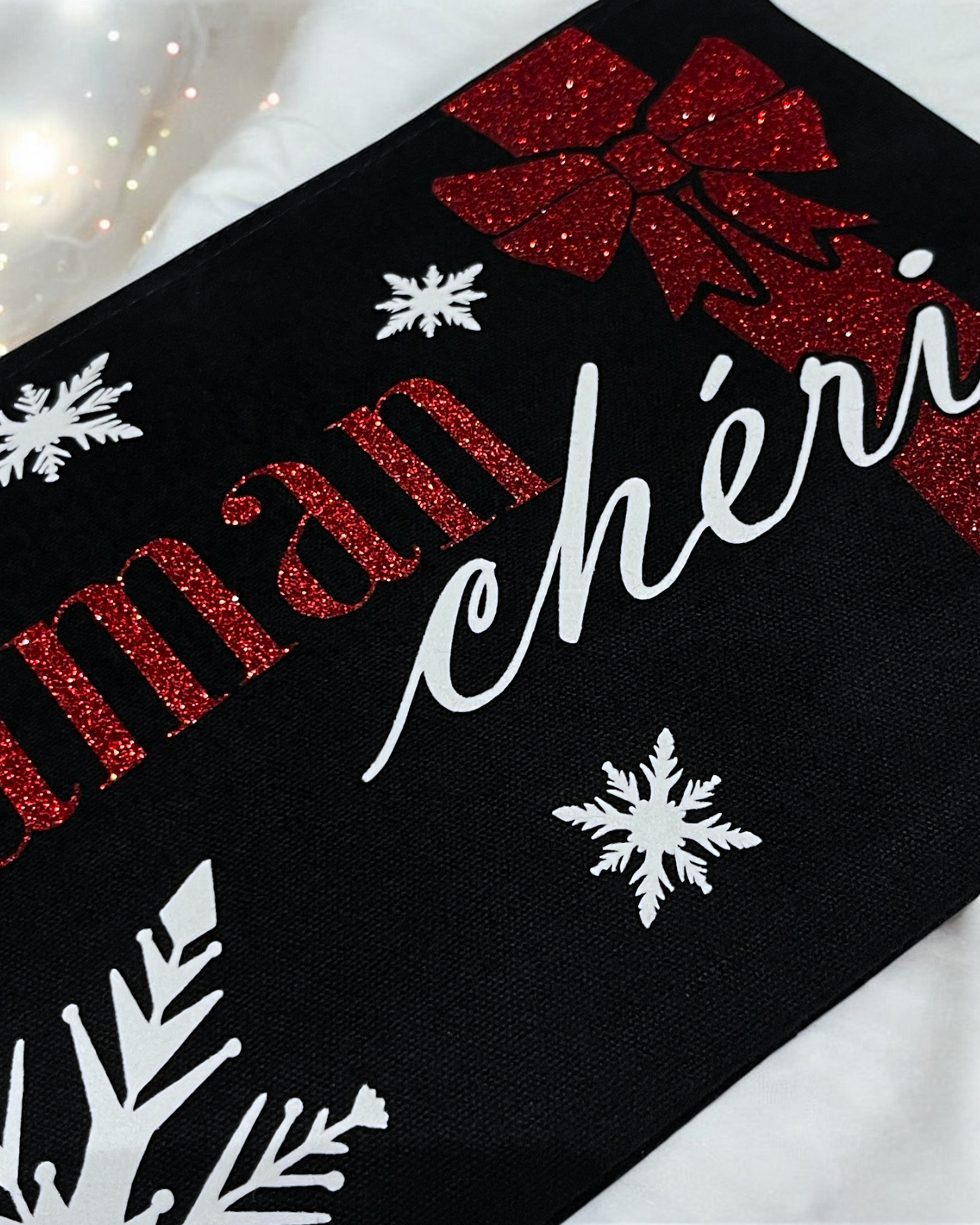 Pochette noire, Maman chérie - marquage scintillant - hiver - Noël - 100% coton