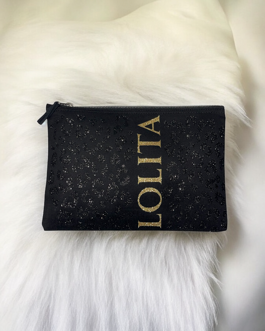 Pochette/trousse noire prénom personnalisable - léopard scintillant