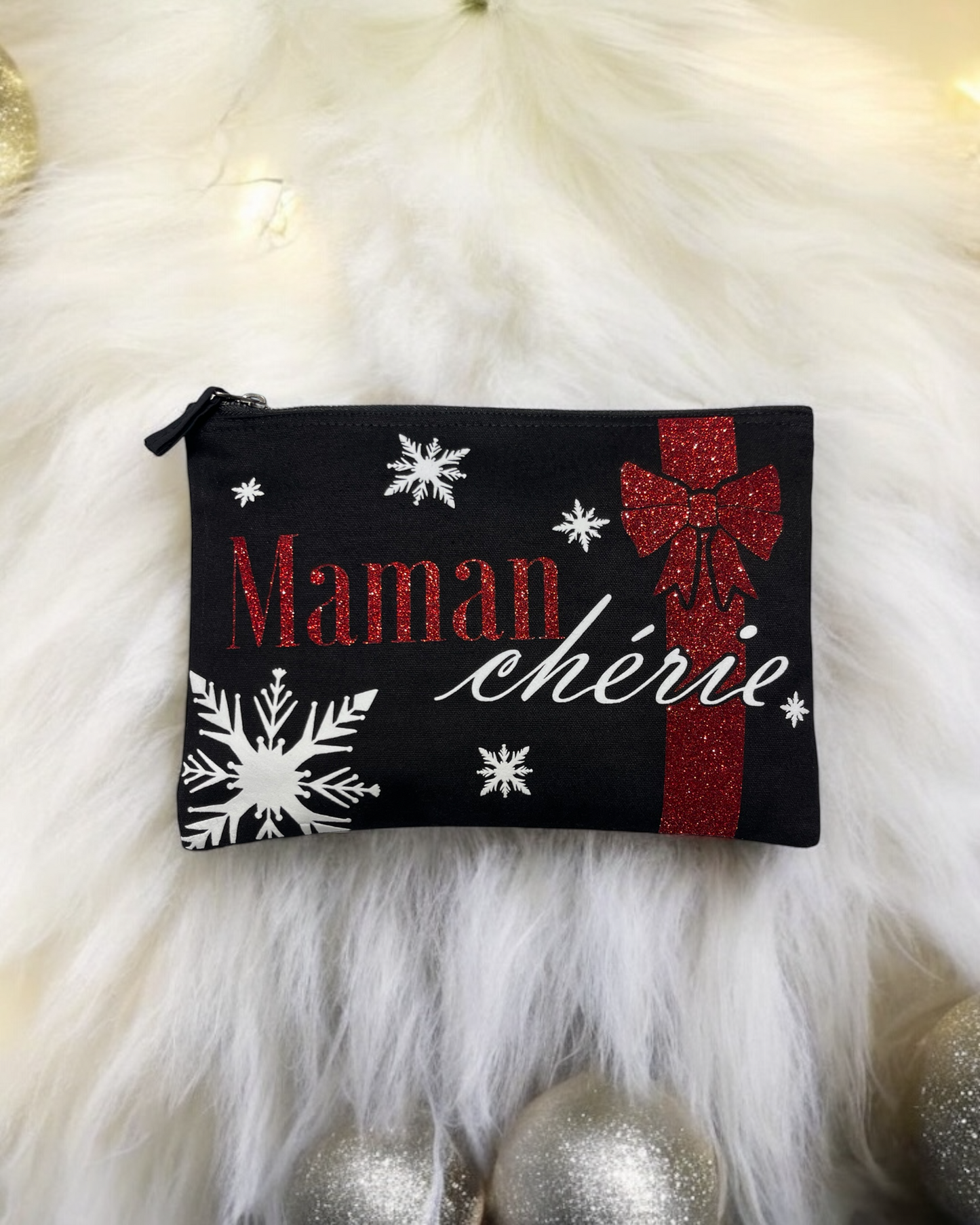 Pochette noire, Maman chérie - marquage scintillant - hiver - Noël - 100% coton
