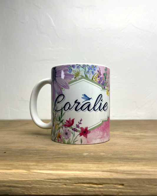 Mug en céramique 330ml, fleurs, prénom, personnalisable